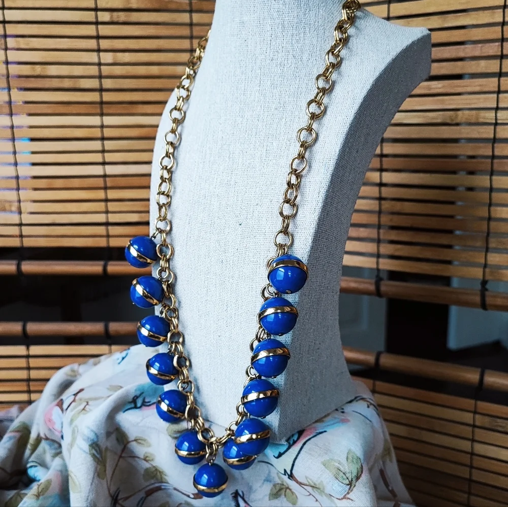 J. Crew Blue Balls Bauble Heavy Gold Tone Gumball Beaded Bands Beads Necklace
